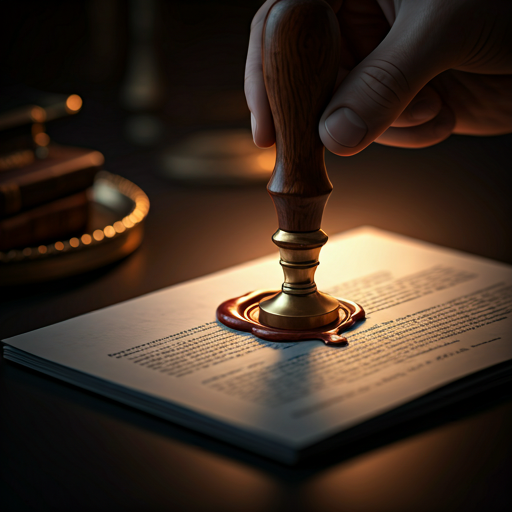 Close-up of wax seal being pressed onto a formal document — representing certification.